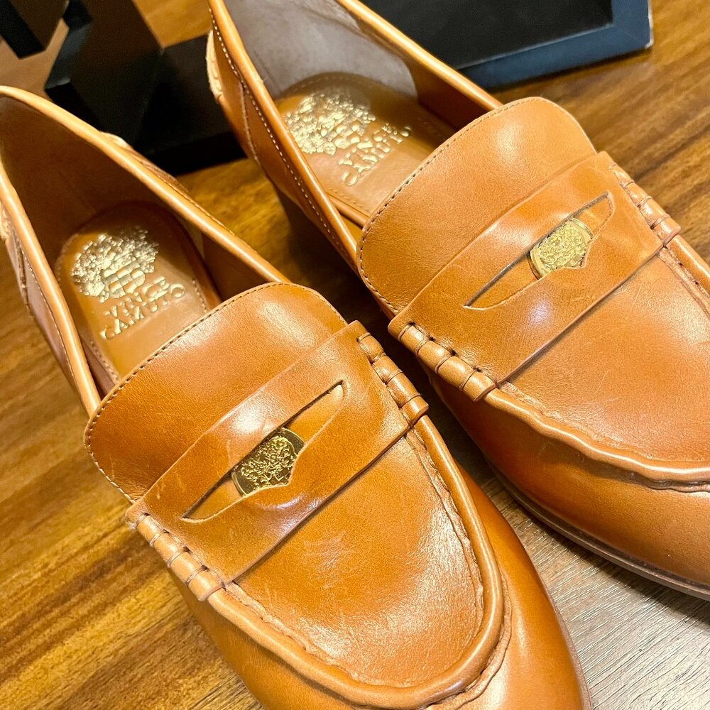 Vince Camuto Carissla 2" Block Heeled Loafers in Golden Walnut Leather Size 9